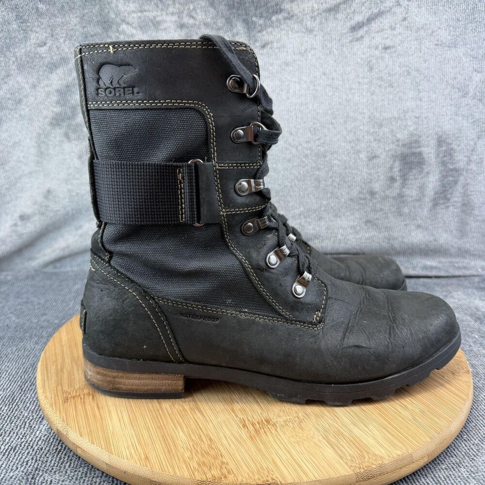 Sorel Boots Womens Size 9.5 Black Leather Waterproof Combat Zip NL3042-010